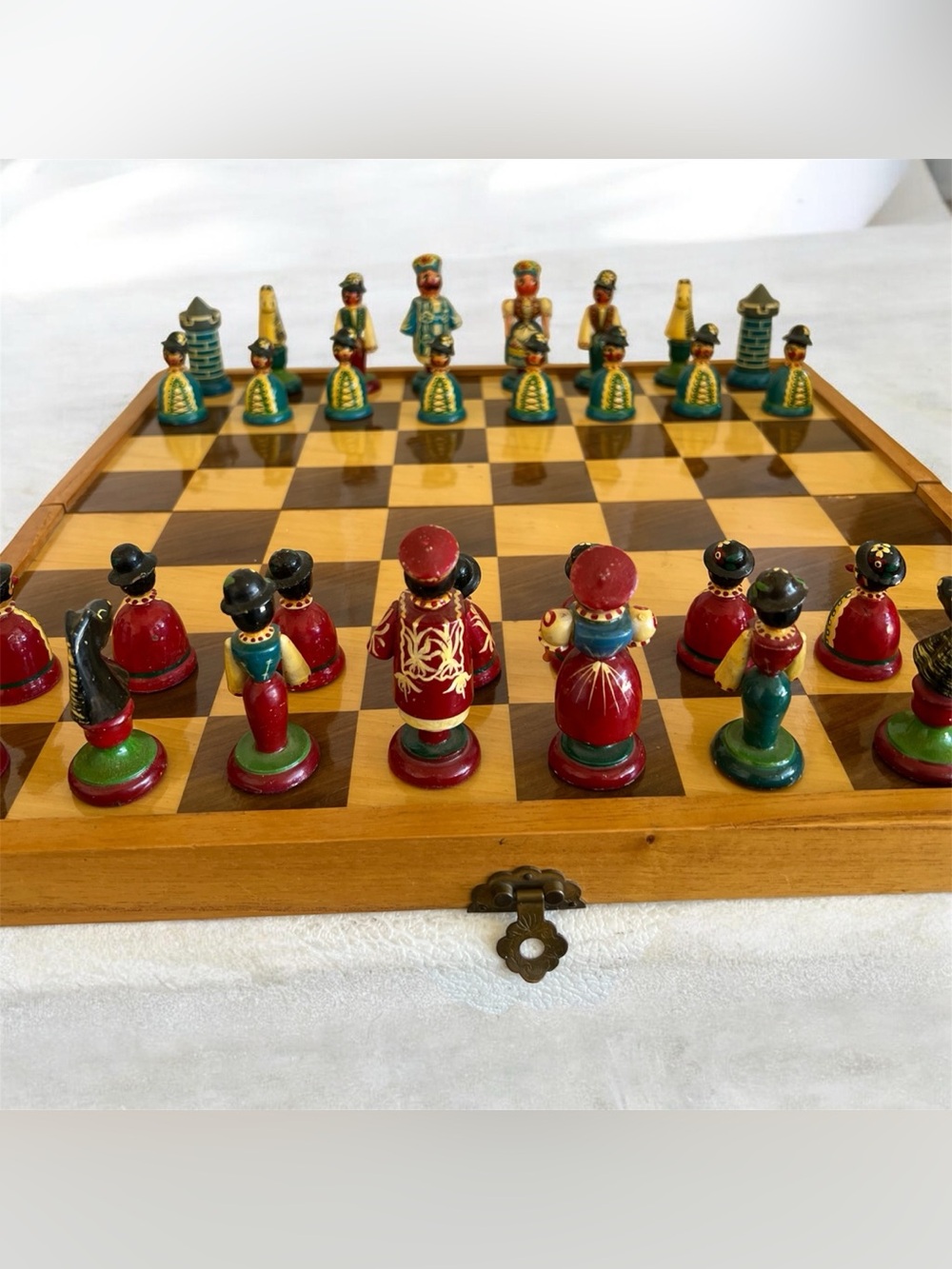 Vintage wooden Russian Hungarian folk art hand painted chess set